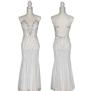 Vintage White Mermaid/Fishtail Hem Prom Gown w/ Silver & Iridescent Beads